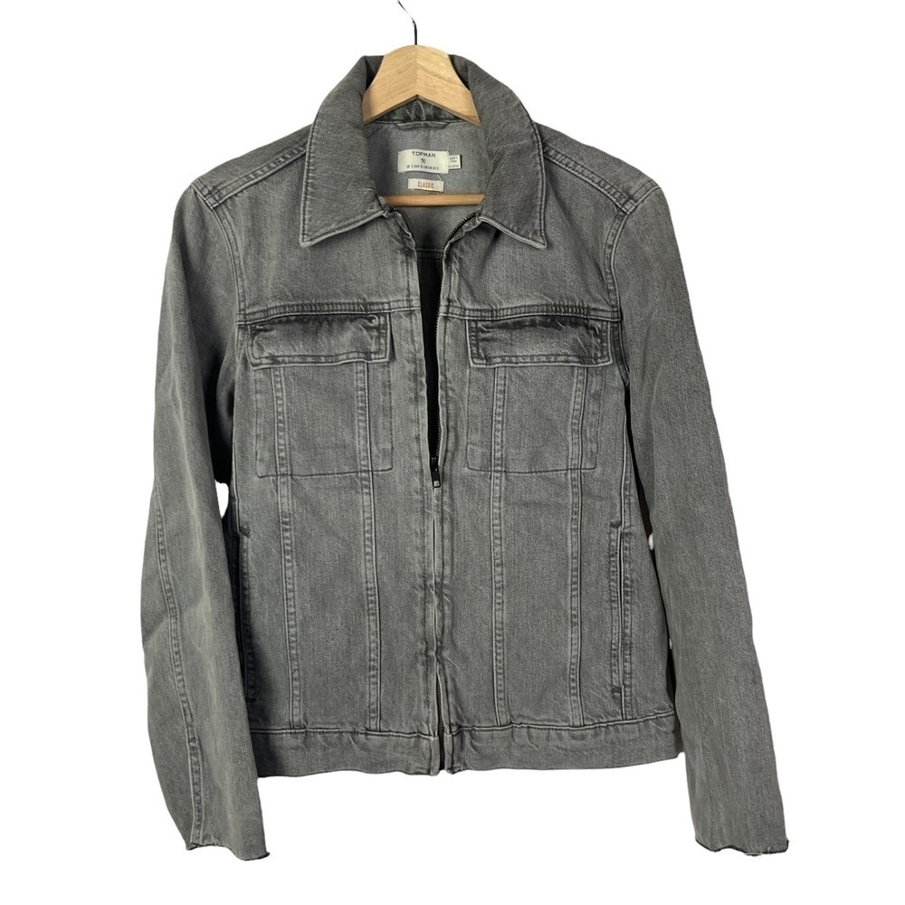 Topshop Topman Gray Distressed Full Zip Denim Trucker Jacket S‎